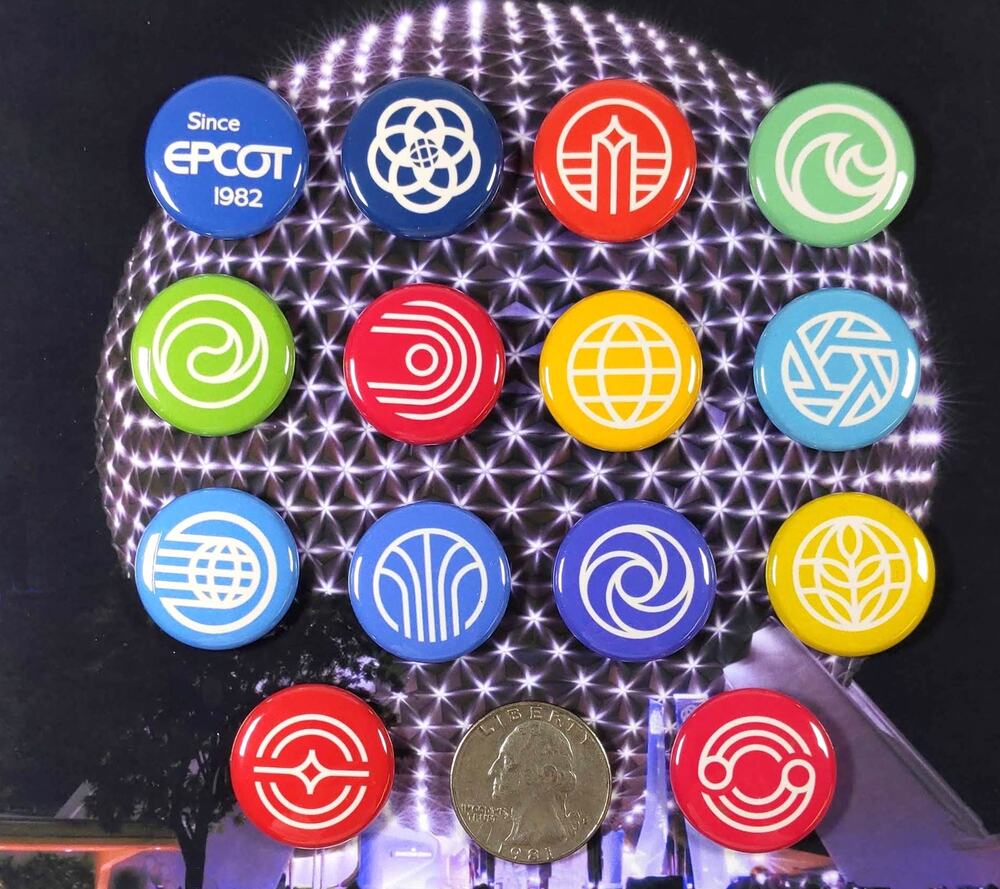 DISNEYANA - EPCOT Set of 14, 1-Inch PINBACK BUTTONS - Park Logos